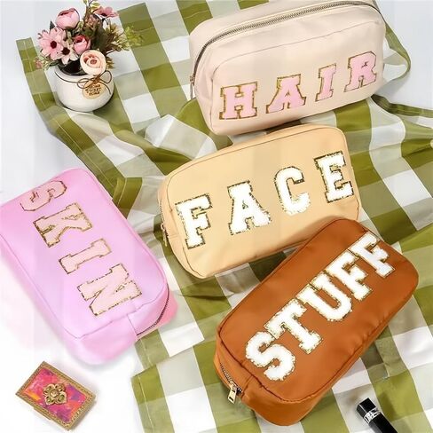 حقيبة مكياج من كيوتبول قطعتان من حقيبة مكياج Preppy بحروف لؤلؤية لمستحضرات التجميل بسحاب مزدوج مقاوم للماء ومحفظة تخزين للسيدات ومنتجات العناية بالاستحمام وحقيبة يد ومنظم غسيل جلدي محمول للفتيات وإكسسوارات السفر in Kuwait