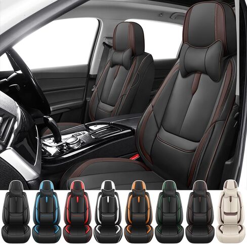 أغطية مقاعد السيارة لسيارة Toyota RAV4 2000-2025، تغطية كاملة، أغطية مقاعد من جلد نابا مع دعم أسفل الظهر، واقي مقاوم للماء ومضاد للخدش طوال الموسم (مجموعة أمامية مع مساند للرأس، أسود-قهوة) in Kuwait
