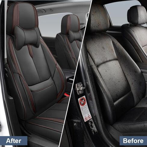أغطية مقاعد السيارة لسيارة Toyota RAV4 2000-2025، تغطية كاملة، أغطية مقاعد من جلد نابا مع دعم أسفل الظهر، واقي مقاوم للماء ومضاد للخدش طوال الموسم (مجموعة أمامية مع مساند للرأس، أسود-قهوة) in Kuwait