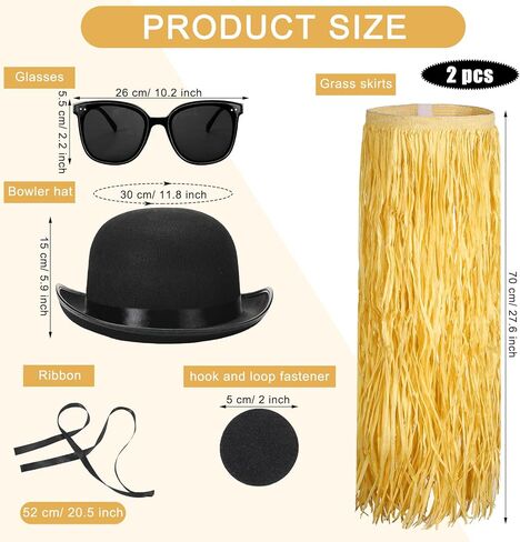 3 Pcs Halloween Black Bowler Derby Hat raffia Hula Skirt Polarized Sunglasses Set Bowler Hat for Men Women Hawaiian Hula Skirt Trendy Sunglasses for Costume Party in Kuwait