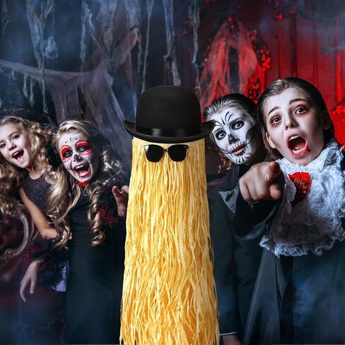 3 Pcs Halloween Black Bowler Derby Hat raffia Hula Skirt Polarized Sunglasses Set Bowler Hat for Men Women Hawaiian Hula Skirt Trendy Sunglasses for Costume Party in Kuwait