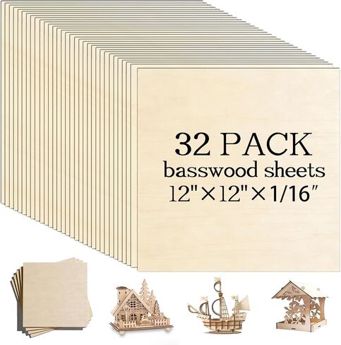 32 Pcs Basswood Sheets 12"x12"x1/8" Balsa Wood Sheet Thin Plywood Engraving Blanks Board Unfinished Wood Boards for Laser Cutting Engraving Burning Crafts in Saudi Arabia