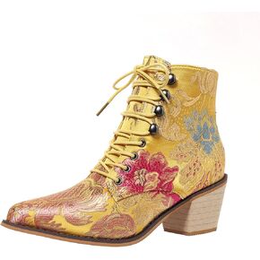 Gets Womens Vintage Floral Embroidered Block Heel Cowboy Boots Heighten Ankle Booties in Kuwait