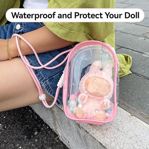 PVC Protective Case for Lububu 17cm Plush Doll, Blind Box Doll Display Case for Lafufu, Clear Hanging Storage Bag Keychain, Doll Clear Bag Carrying Bag for Figures (Pink) in Saudi Arabia