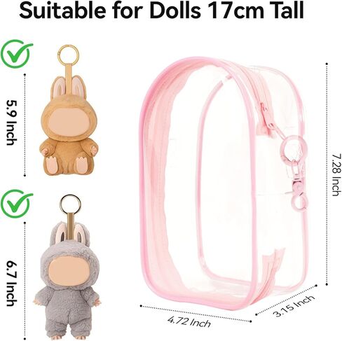 PVC Protective Case for Lububu 17cm Plush Doll, Blind Box Doll Display Case for Lafufu, Clear Hanging Storage Bag Keychain, Doll Clear Bag Carrying Bag for Figures (Pink) in Saudi Arabia