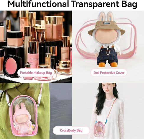 PVC Protective Case for Lububu 17cm Plush Doll, Blind Box Doll Display Case for Lafufu, Clear Hanging Storage Bag Keychain, Doll Clear Bag Carrying Bag for Figures (Pink) in Saudi Arabia