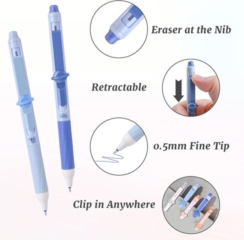 8 Pcs Cute Erasable Gel Pens with Erasers, 0.5 mm Fine Point Black & Blue Ink Pens, Smooth Writing Retractable Pen for Note Taking and Crossword Puzzles (Pink) in Saudi Arabia