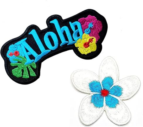 Set. Blue Aloha with Hibiscus Flower Patches Hawaii Cartoon Embroidered Iron On Sew On Patch Sewing Supplies Jacket Jeans Clothes Hats Decoration Stickers Embroidery (2 Pieces) in Saudi Arabia