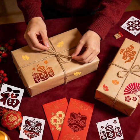 Konsait 24 PCS Chinese New Year Stencils for Painting on Wood, Reusable Lunar New Year Templates Stencils for Crafts Plastic Spray Paint Stencil for Drawing Fabric Wall Crafts 3'' x 3'' in Saudi Arabia