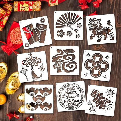 Konsait 24 PCS Chinese New Year Stencils for Painting on Wood, Reusable Lunar New Year Templates Stencils for Crafts Plastic Spray Paint Stencil for Drawing Fabric Wall Crafts 3'' x 3'' in Saudi Arabia