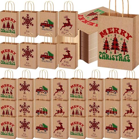 Yeaqee 100 Pcs Christmas Kraft Gift Bags Bulk Xmas Holiday Paper Gift Bags with Handle Plaid Candy Treat Party Favor Bags for Christmas New Year Presents Wrapping Party Favor Supplies Decor in Saudi Arabia