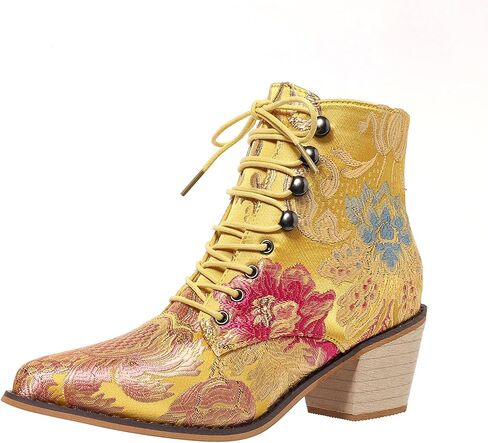 Gets Womens Vintage Floral Embroidered Block Heel Cowboy Boots Heighten Ankle Booties in Kuwait