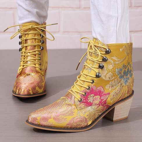 Gets Womens Vintage Floral Embroidered Block Heel Cowboy Boots Heighten Ankle Booties in Kuwait