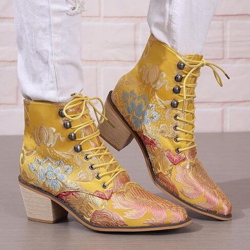 Gets Womens Vintage Floral Embroidered Block Heel Cowboy Boots Heighten Ankle Booties in Kuwait