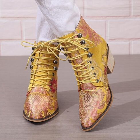 Gets Womens Vintage Floral Embroidered Block Heel Cowboy Boots Heighten Ankle Booties in Kuwait