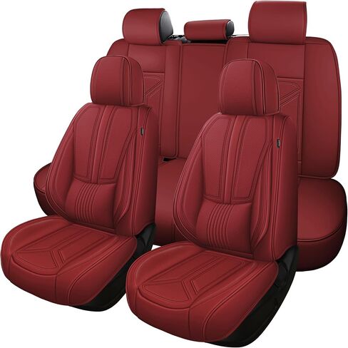 otoez Car Seat Covers Full Set, 5 Seats Nappa Leather Seat Cover for Car Seden SUV Truck, Waterproof Automotive Seat Cover Full Coverage Front and Rear Seat Protector, Red in Kuwait