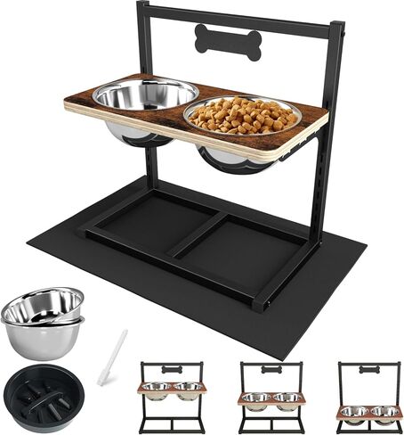 ADENGL 9 Height Adjustable Dog Bowl Stand with Two 1.7L Stainless Steel, Slow Feeder Bowls and Nonslip Pad, Perfect for Medium and Large Dogs in Kuwait