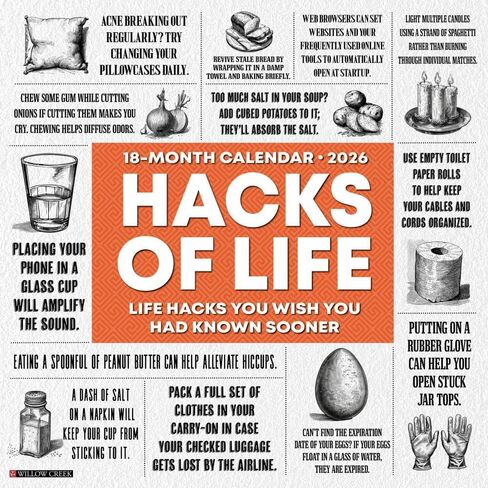 Willow Creek Press، تقويم حائط Hacks of Life 2026، 12 بوصة × 12 بوصة، تقويم 18 شهرًا مع تدبيس in Saudi Arabia