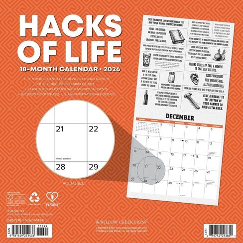 Willow Creek Press، تقويم حائط Hacks of Life 2026، 12 بوصة × 12 بوصة، تقويم 18 شهرًا مع تدبيس in Saudi Arabia