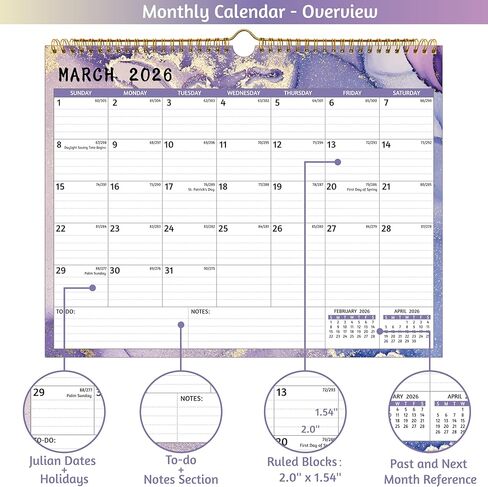 Wall Calendar 2026-2027 – 2 Year Calendar 2026-2027, Jan 2026 – Dec 2027, 14.57 x 11.42 In, 2026 Calendar 24 Months, Monthly Calendar 2026, with Ruled Blocks, Thick Paper, Holidays, To-do List ＆ Notes in Saudi Arabia