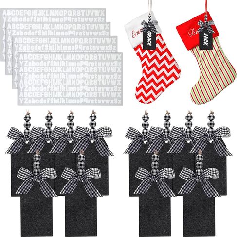 16 قطعة من علامات أسماء جورب عيد الميلاد مع 4 أوراق ملصقات حروف لاصقة لعيد الميلاد علامات خشبية مع صف منقوش من الجاموس وملصقات سبورة خرز (بني فاتح مع خرزات خشبية) in Kuwait