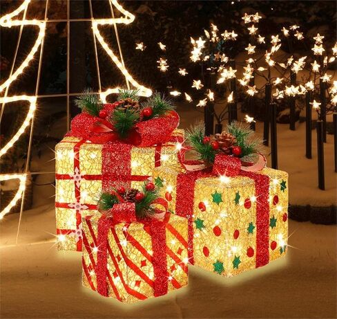 [Extra Large 9.5"-8"-6.5"] 3 Pack 70 LED Lighted Gift Boxes Christmas Decorations9.5+8"+6.5" 70LED Three Lighted Gift Boxes, Warm Light, 6+1 Flash, 5V in Saudi Arabia