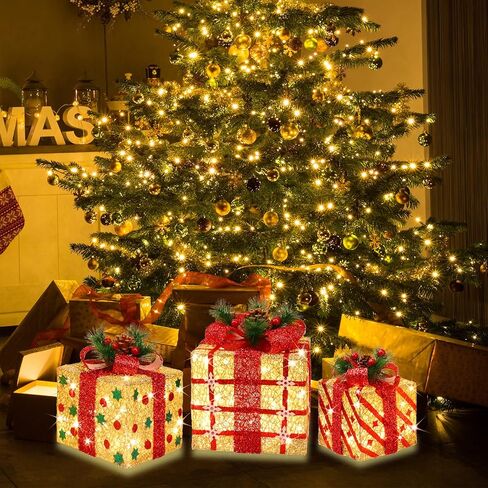 [Extra Large 9.5"-8"-6.5"] 3 Pack 70 LED Lighted Gift Boxes Christmas Decorations9.5+8"+6.5" 70LED Three Lighted Gift Boxes, Warm Light, 6+1 Flash, 5V in Saudi Arabia