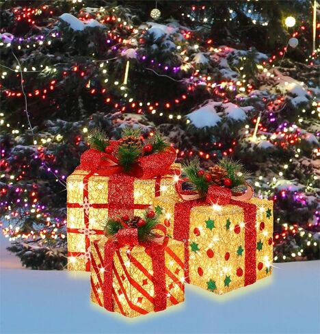 [Extra Large 9.5"-8"-6.5"] 3 Pack 70 LED Lighted Gift Boxes Christmas Decorations9.5+8"+6.5" 70LED Three Lighted Gift Boxes, Warm Light, 6+1 Flash, 5V in Saudi Arabia