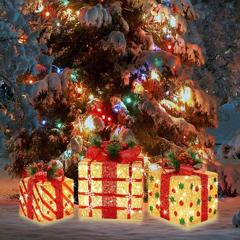 [Extra Large 9.5"-8"-6.5"] 3 Pack 70 LED Lighted Gift Boxes Christmas Decorations9.5+8"+6.5" 70LED Three Lighted Gift Boxes, Warm Light, 6+1 Flash, 5V in Saudi Arabia