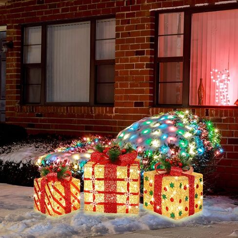 [Extra Large 9.5"-8"-6.5"] 3 Pack 70 LED Lighted Gift Boxes Christmas Decorations9.5+8"+6.5" 70LED Three Lighted Gift Boxes, Warm Light, 6+1 Flash, 5V in Saudi Arabia