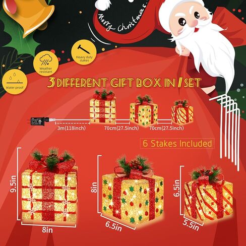 [Extra Large 9.5"-8"-6.5"] 3 Pack 70 LED Lighted Gift Boxes Christmas Decorations9.5+8"+6.5" 70LED Three Lighted Gift Boxes, Warm Light, 6+1 Flash, 5V in Saudi Arabia