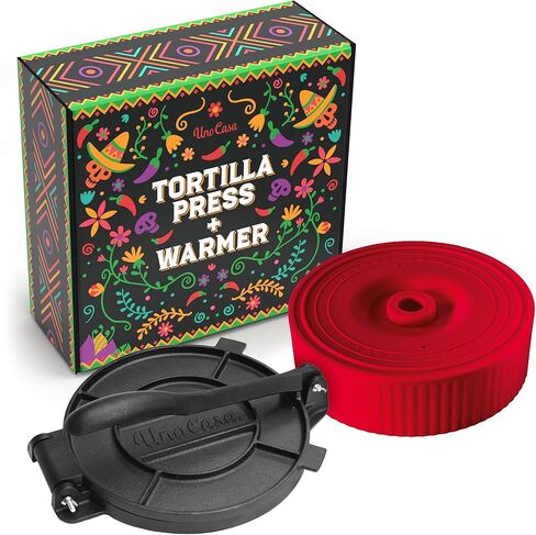 Uno Casa - Master Kit - Tortilla Press 8 Inch with Comal Pan, 4 Taco Holders and Tortilla Warmer - Unique Gift for Friends or Family (8 Inch Master Kit) in Saudi Arabia