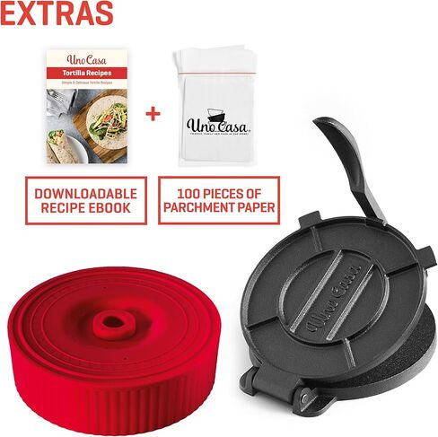 Uno Casa - Master Kit - Tortilla Press 8 Inch with Comal Pan, 4 Taco Holders and Tortilla Warmer - Unique Gift for Friends or Family (8 Inch Master Kit) in Saudi Arabia