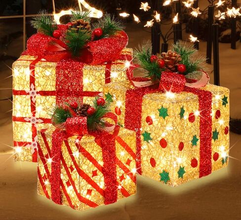 [Extra Large 9.5"-8"-6.5"] 3 Pack 70 LED Lighted Gift Boxes Christmas Decorations9.5+8"+6.5" 70LED Three Lighted Gift Boxes, Warm Light, 6+1 Flash, 5V in Saudi Arabia