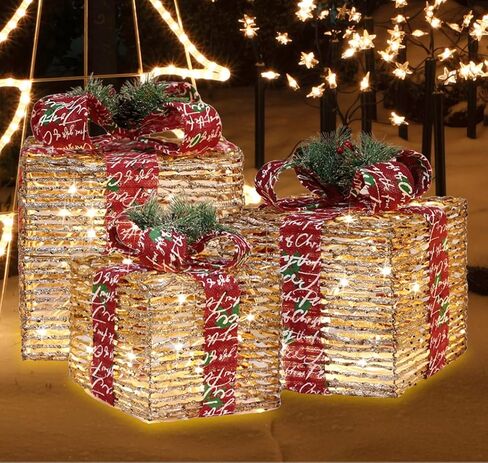 [Extra Large 9.5"-8"-6.5"] 3 Pack 70 LED Lighted Gift Boxes Christmas Decorations9.5+8"+6.5" 70LED Three Lighted Gift Boxes, Warm Light, 6+1 Flash, 5V in Saudi Arabia