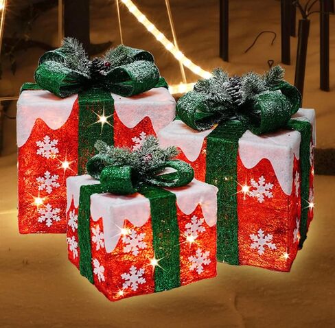 [Extra Large 9.5"-8"-6.5"] 3 Pack 70 LED Lighted Gift Boxes Christmas Decorations9.5+8"+6.5" 70LED Three Lighted Gift Boxes, Warm Light, 6+1 Flash, 5V in Saudi Arabia