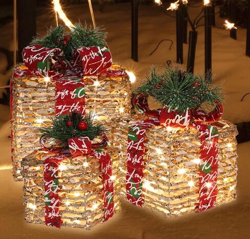 [Extra Large 9.5"-8"-6.5"] 3 Pack 70 LED Lighted Gift Boxes Christmas Decorations9.5+8"+6.5" 70LED Three Lighted Gift Boxes, Warm Light, 6+1 Flash, 5V in Saudi Arabia