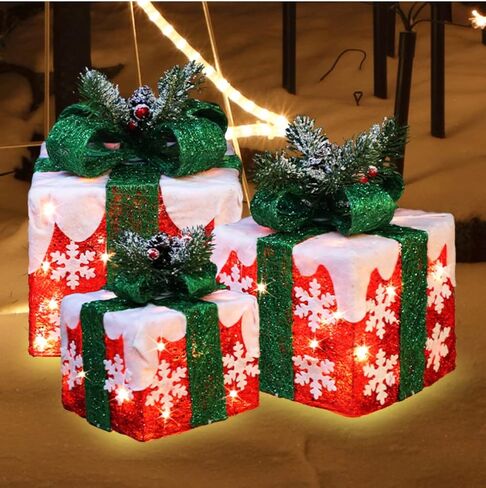 [Extra Large 9.5"-8"-6.5"] 3 Pack 70 LED Lighted Gift Boxes Christmas Decorations9.5+8"+6.5" 70LED Three Lighted Gift Boxes, Warm Light, 6+1 Flash, 5V in Saudi Arabia