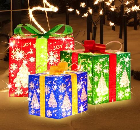 [Extra Large 9.5"-8"-6.5"] 3 Pack 70 LED Lighted Gift Boxes Christmas Decorations9.5+8"+6.5" 70LED Three Lighted Gift Boxes, Warm Light, 6+1 Flash, 5V in Kuwait