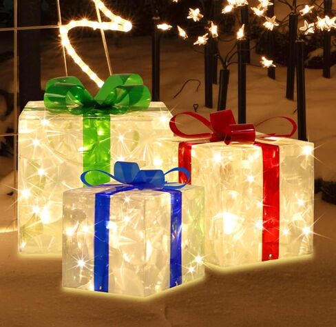 [Extra Large 9.5"-8"-6.5"] 3 Pack 70 LED Lighted Gift Boxes Christmas Decorations9.5+8"+6.5" 70LED Three Lighted Gift Boxes, Warm Light, 6+1 Flash, 5V in Saudi Arabia