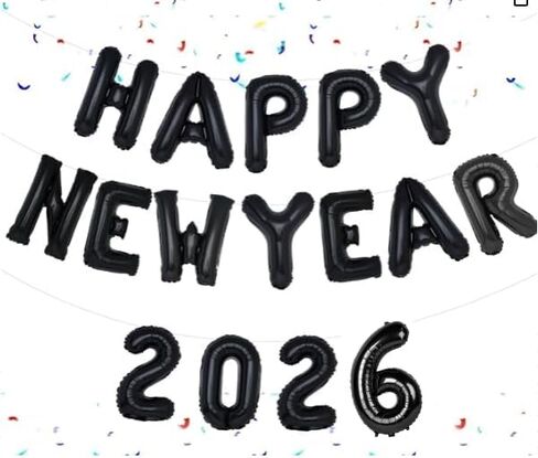 بالونات سوداء 2026، بالونات سنة جديدة سعيدة لديكورات السنة الجديدة، 16 بوصة، لوازم حفلات عشية، ديكورات ناي 2026، ناي سعيد 2026، لافتة ديكور عشية in Kuwait