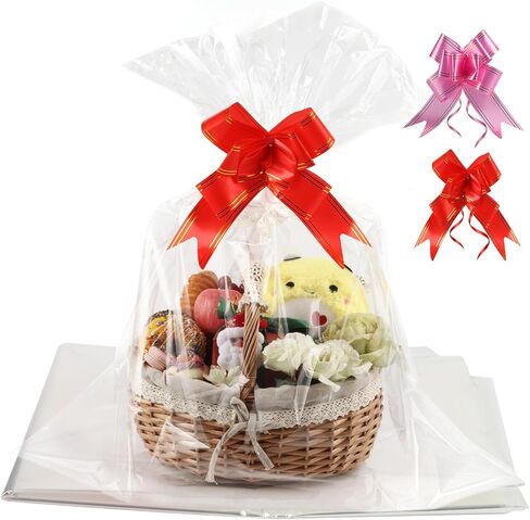 SUREHOME Cellophane Bags for Gift Baskets, 30 x 40 In Extra Large Clear Gift Bags with Pull Bow Ribbon Christmas Cellophane Wrap for Gift Basket Wrapping Plastic Cello Bag for Easter Gift Basket Wrap in Saudi Arabia