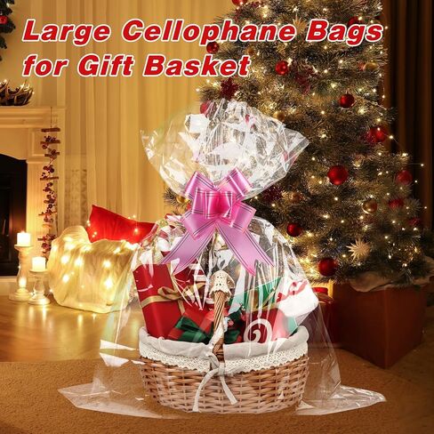 SUREHOME Cellophane Bags for Gift Baskets, 30 x 40 In Extra Large Clear Gift Bags with Pull Bow Ribbon Christmas Cellophane Wrap for Gift Basket Wrapping Plastic Cello Bag for Easter Gift Basket Wrap in Saudi Arabia