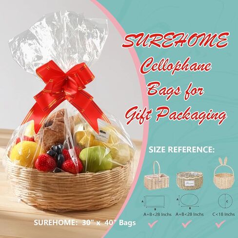 SUREHOME Cellophane Bags for Gift Baskets, 30 x 40 In Extra Large Clear Gift Bags with Pull Bow Ribbon Christmas Cellophane Wrap for Gift Basket Wrapping Plastic Cello Bag for Easter Gift Basket Wrap in Saudi Arabia