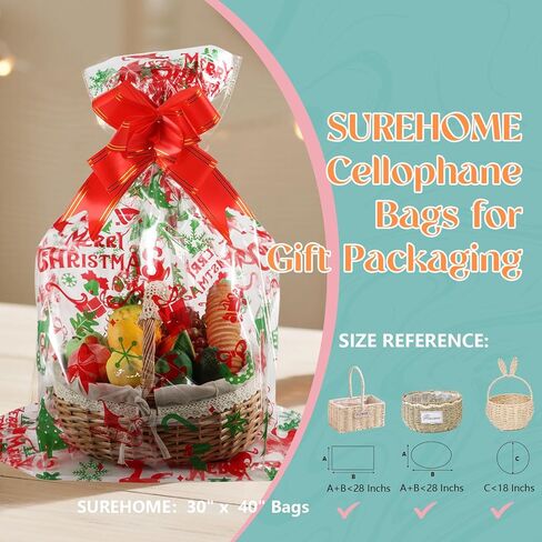 أكياس Surehome Cellophane لسلال الهدايا 24 × 30 بوصة أكياس هدايا واضحة لسلال عيد الفصح ، مجموعة من 10 كيس علاج أرنب من البلاستيك مع شريط القوس السحب لسلة عيد الفصح الكبيرة in Kuwait