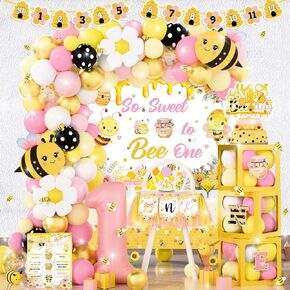 Bee 1st Birthday Party Decorations for Girl, Yellow Pink Honey Bee Themed Party Supplies, Bumble Bee My 1st Bee Day Party So Sweet to Bee One Backdrop Balloon Arch Banner for First Birthday Girl Decor in Saudi Arabia
