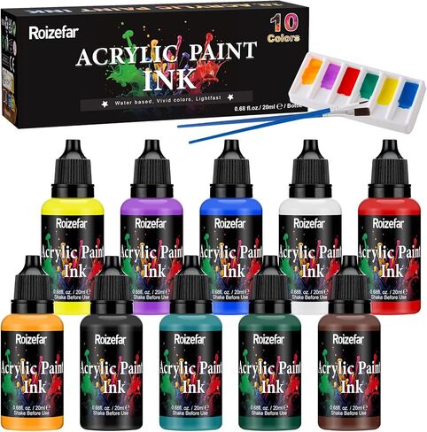 Roizefar Acrylic Paint Ink 16 x 20ml (0.68 fl.oz), Acrylic Drawing Ink Set, Liquid Acrylic Paint with 2 Brushes and 1 Palette for Drawing, Ideal for Pouring Art, Mixed Media Projects in Saudi Arabia