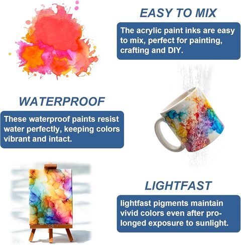 Roizefar Acrylic Paint Ink 16 x 20ml (0.68 fl.oz), Acrylic Drawing Ink Set, Liquid Acrylic Paint with 2 Brushes and 1 Palette for Drawing, Ideal for Pouring Art, Mixed Media Projects in Saudi Arabia