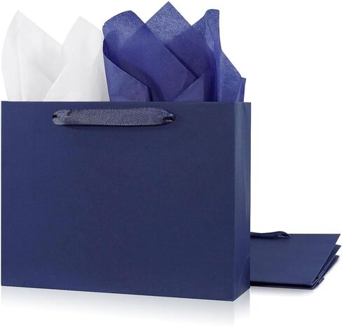 3 Pack Extra Large 14.6"x5.2"x12" Blue Gift Bags with Tissue Papers, Kraft Paper Shopping Bags with Ribbon Handles, Perfect for Retail Wrapping, Birthdays, Weddings, Holidays, Parties in Kuwait