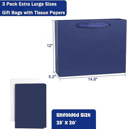 3 Pack Extra Large 14.6"x5.2"x12" Blue Gift Bags with Tissue Papers, Kraft Paper Shopping Bags with Ribbon Handles, Perfect for Retail Wrapping, Birthdays, Weddings, Holidays, Parties in Kuwait
